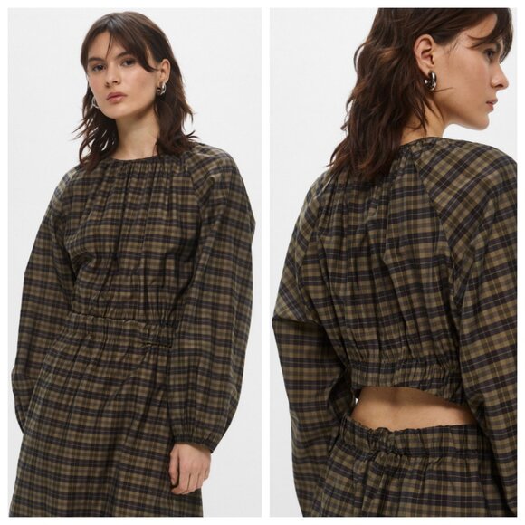 H&M Khaki Black Plaid Check Print Puff Long Sleeve Cut Out Back Midi Dress - Picture 2 of 5